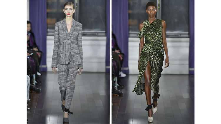 A houndstooth check suit and velvet evening dress from Jason Wuâs fall collection.