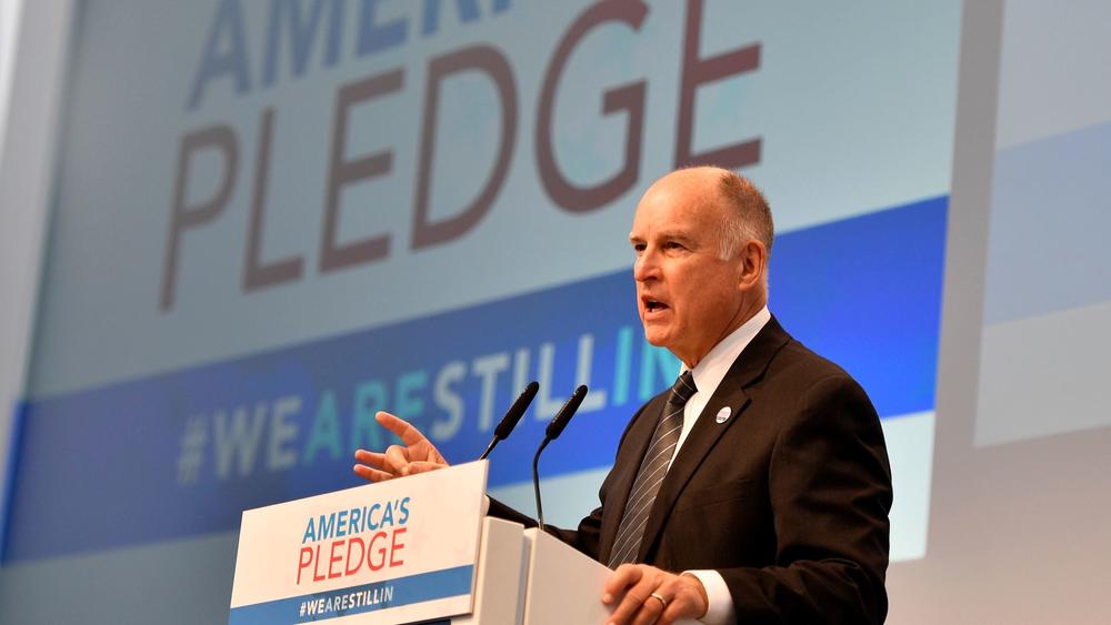 California Governor Jerry Brown speaks in the U.S. Climate Action Center at the COP 23 Climate Change Conference on Saturday in Bonn, Germany. — Photograph: Martin Meissner/Associated Press.
