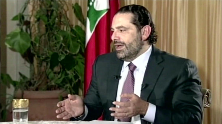 Lebanonâs Prime Minister Saad Hariri gives a live TV interview in Riyadh, Saudi Arabia, Sunday Nov