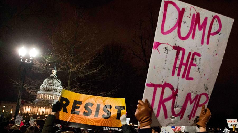 Demonstrators protest against US President Donald Trump and his administration's travel ban in Washington on January 30th.  Photograph: Zach Gibson/Agence France-Presse/Getty Images.