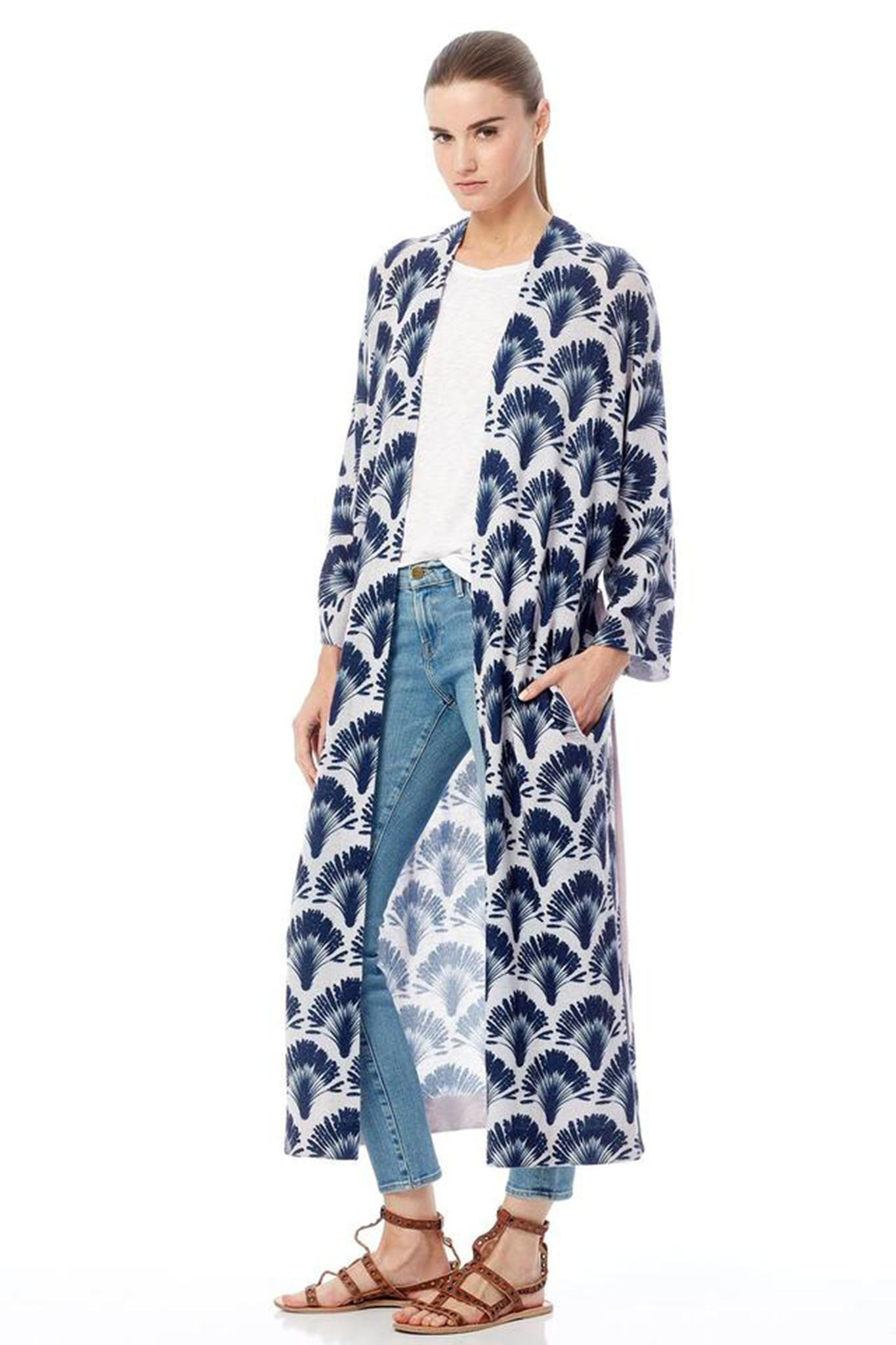 The Berlin, a lightweight cashmere robe with a palm frond print from 360Cashmere, is designed be worn over practically everything.