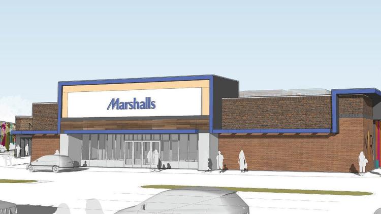 Marshalls will be at the corner of the renovated Building 7. Its distinctive blue overhang becomes grey and gold-colored paneling along a strip of smaller storefronts.