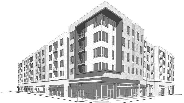 Building 4, pictured here, will feature storefronts at the ground level and four stories of apartments targeted toward students.