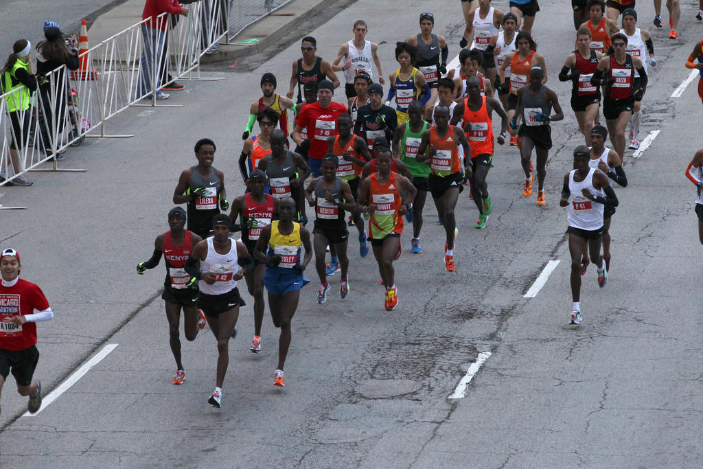 Elite marathon runners head north on Columbus Drive at the start of the 2012 Bank of America Chicago Marathon.