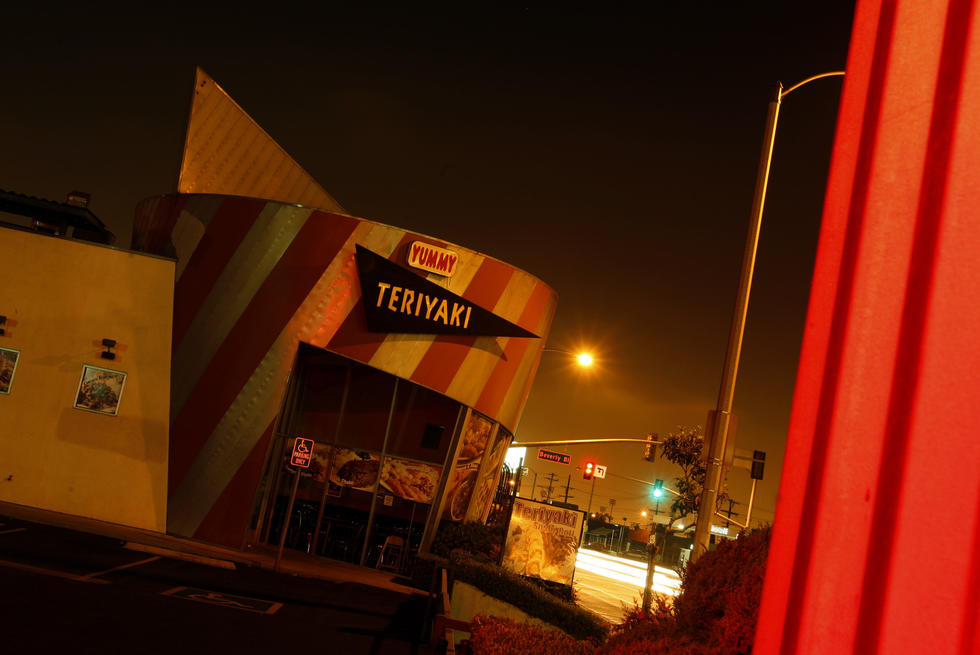 Caption: Yummy Teriyaki, at the corner of Atlantic and Beverly boulevards in East L.A., takes its design cues from the '80s L.A. School architecture. (Luis Sinco / Los Angeles Times)