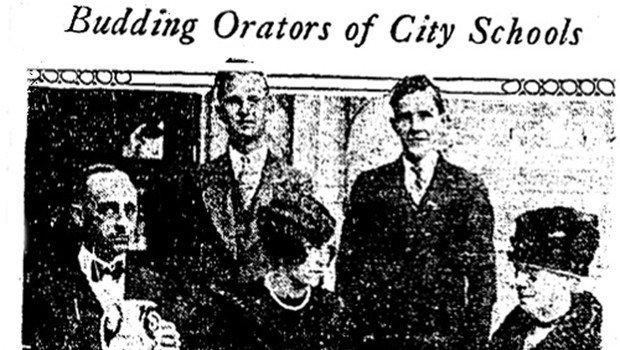 Caption: John Milton Cage, Jr., and John H. Gregg: below, William R. Roalfe, Miss Katherin Welborn and Superintendent of Schools Dorsey in a photo that appeared in the Los Angeles Times on December 22, 1927.  (Los Angeles Times)