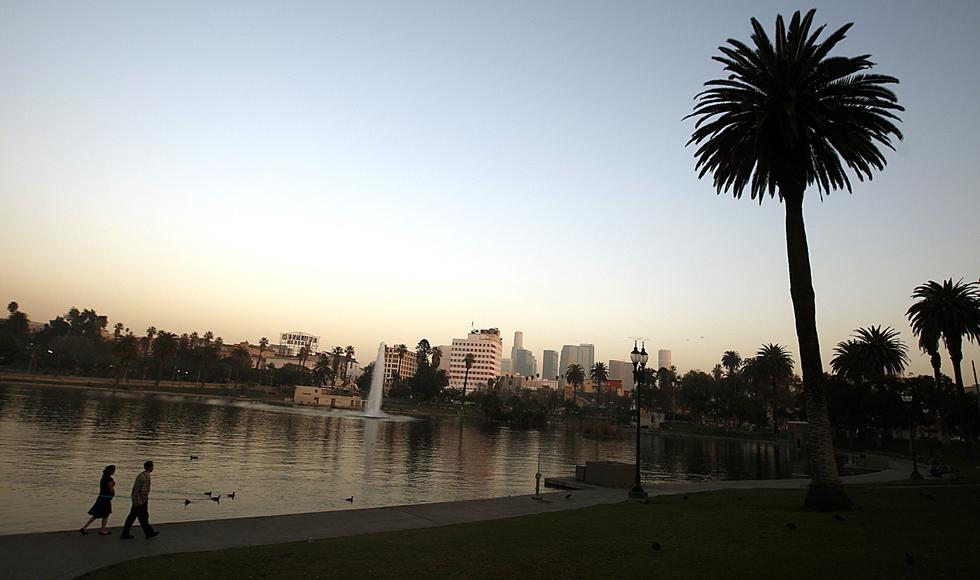 Wilshire Boulevard runs between the two halves of MacArthur Park. Originally named Westlake Park, the site was built in the 1880s around wetlands fed by natural springs. (Luis Sinco / Los Angeles Times)