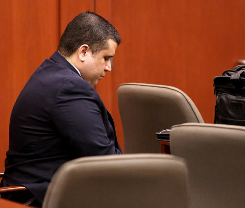 George Zimmerman, defendant in the killing of Trayvon Martin, in Seminole circuit court, in Sanford, Fla., during  a pre-trial hearing, Tuesday, April 30, 2013. (Joe Burbank/Orlando Sentinel) newsgate CCI ID: B582885999Z.1