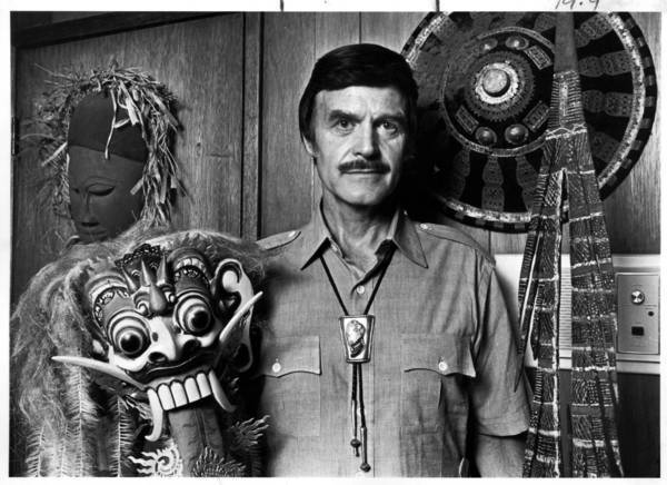 In this undated photo, John Goddard, a lifelong adventurer and explorer, shows off some of the items he collected on his global travels.