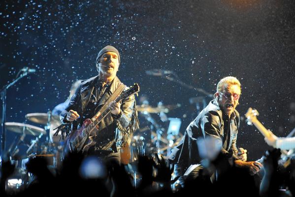 U2 guitarist the Edge, left, and lead singer Bono at the Forum. (Michael Robinson Chavez / Los Angeles Times)