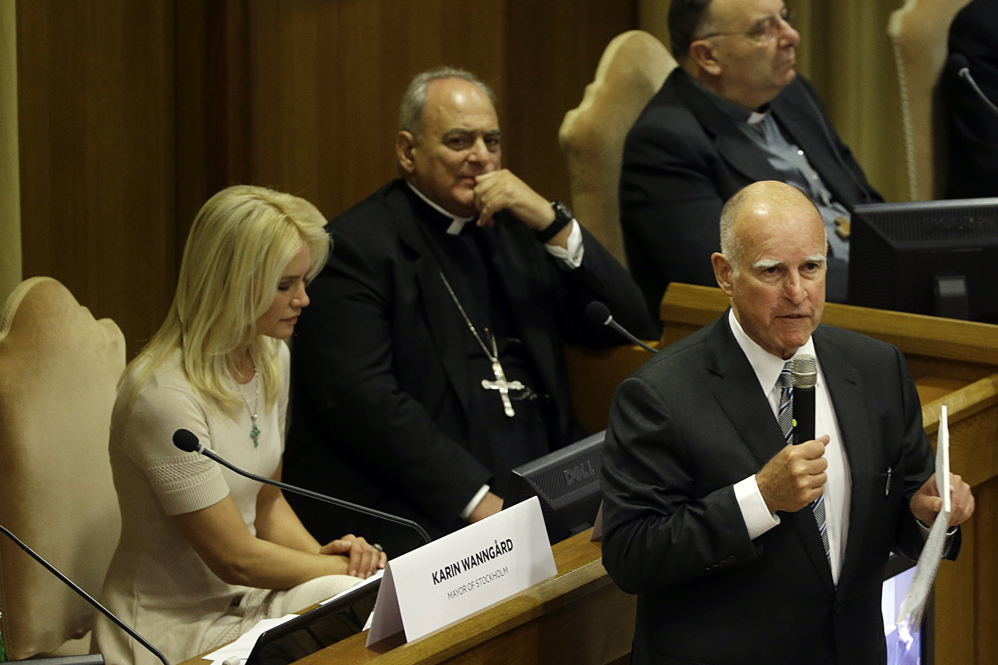 Gov. Jerry Brown speaks at a Vatican conference on climate change in July. (Gregorio Borgia / Associated Press)