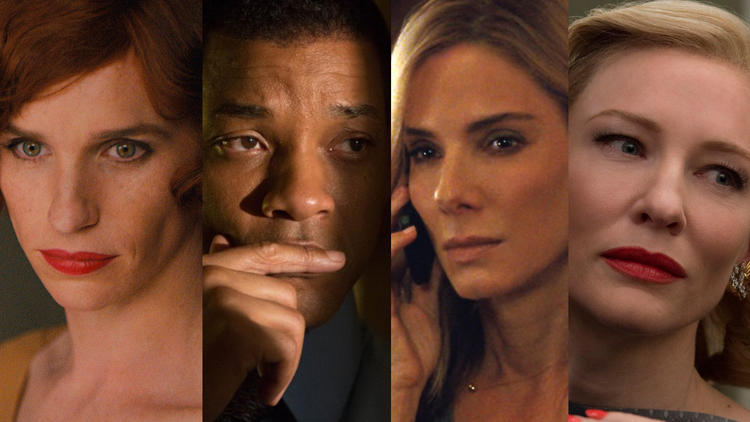 Golden Globe contenders, from left, Eddie Redmayne, Will Smith, Sandra Bullock and Cate Blanchett. (From left: AP; Melinda Sue Gordon; Warner Bros. / AP; Wilson Webb / AP)