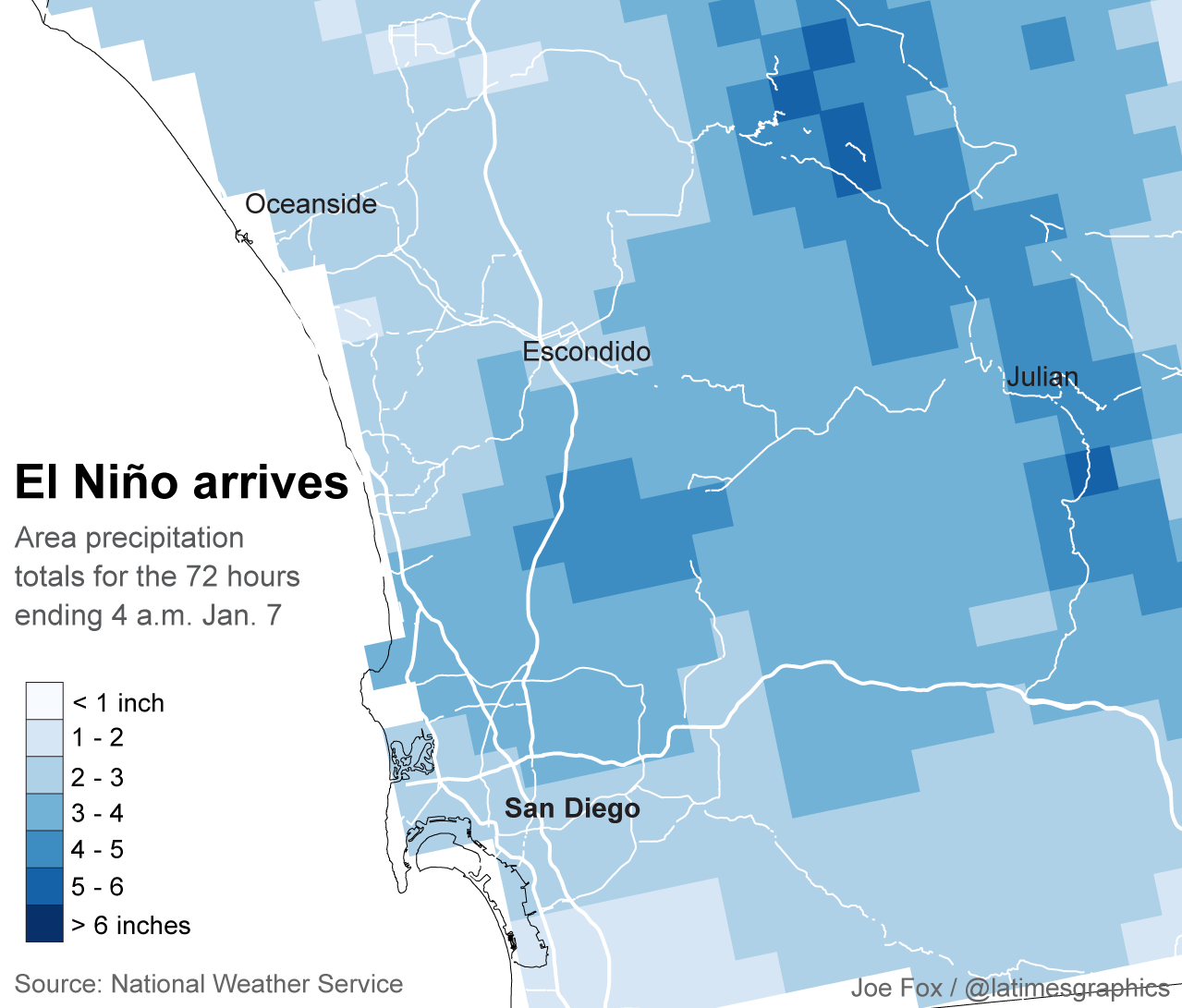 Rainfall in San Diego County. (Los Angeles Times)
