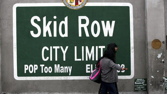 A sign marking skid row on San Julian Street in downtown Los Angeles on Jan. 15. (Los Angeles Times)