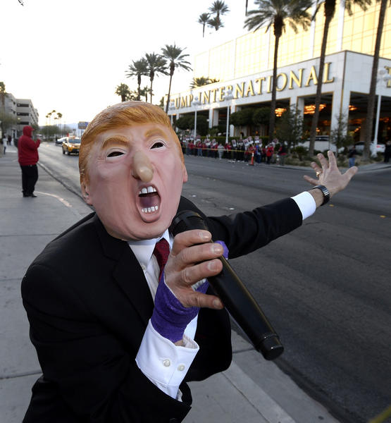 A union member protests outside Donald Trump's hotel in Las Vegas.