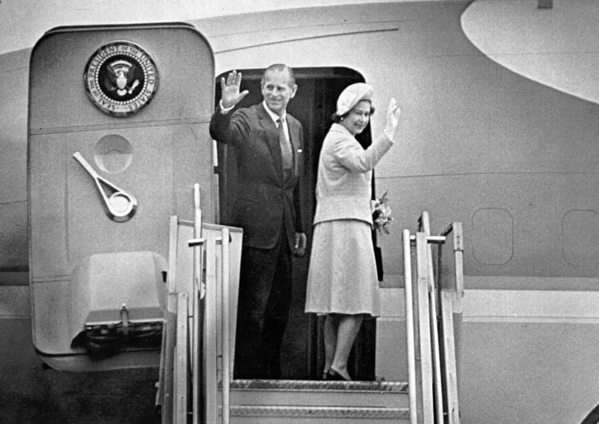 Feb. 27, 1983: Queen Elizabeth II and Prince Philip board Air Force II in San Diego for trip to Palm Springs. This photo was published in the Feb. 28, 1983, Los Angeles Times.