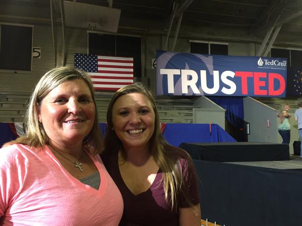 Cheryl Hammer, left, and daughter Kiersten at a Ted Cruz rally at Hoosier Gym in Knightstown, Ind.