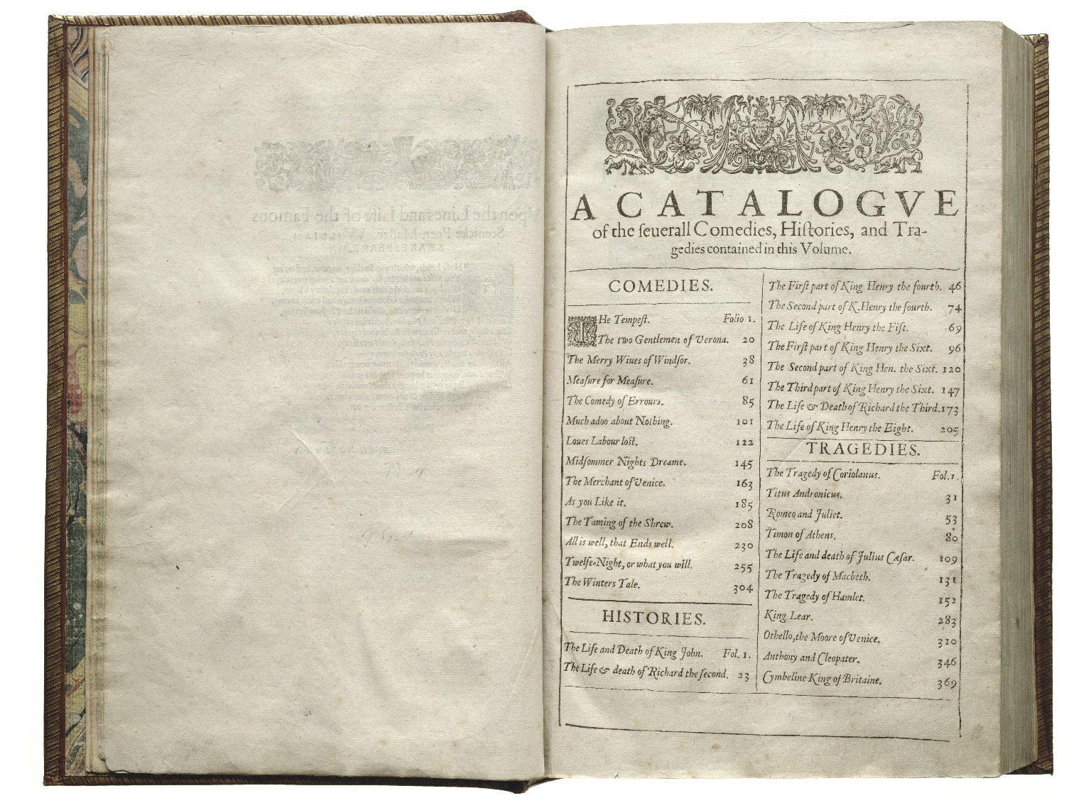 Table of contents in the Shakespeare First Folio. 