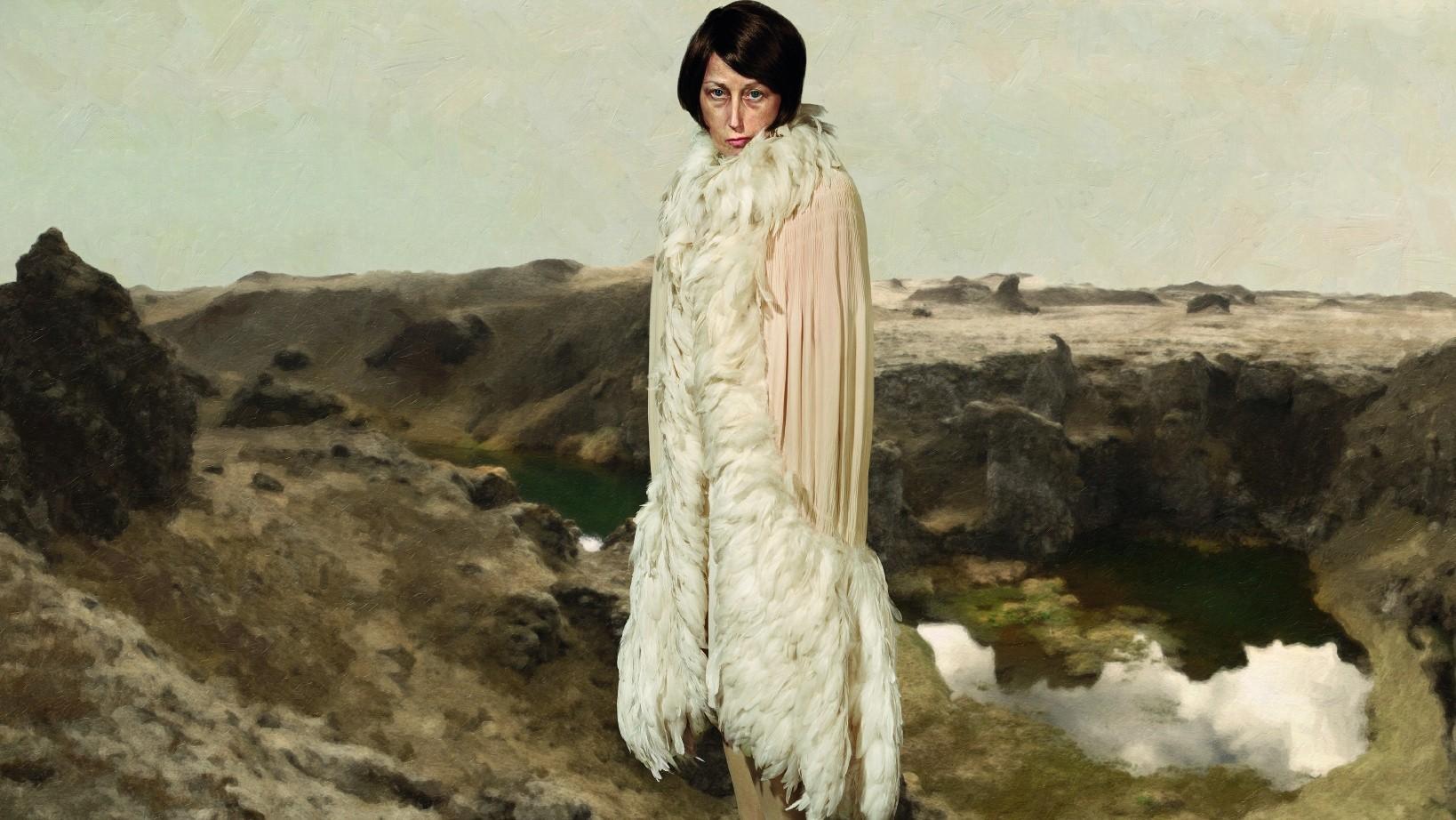 A digitized landscape replaces rear-screen projection to create a sense of location in this detail from a 2010/11 Cindy Sherman portrait of a silent screen star.