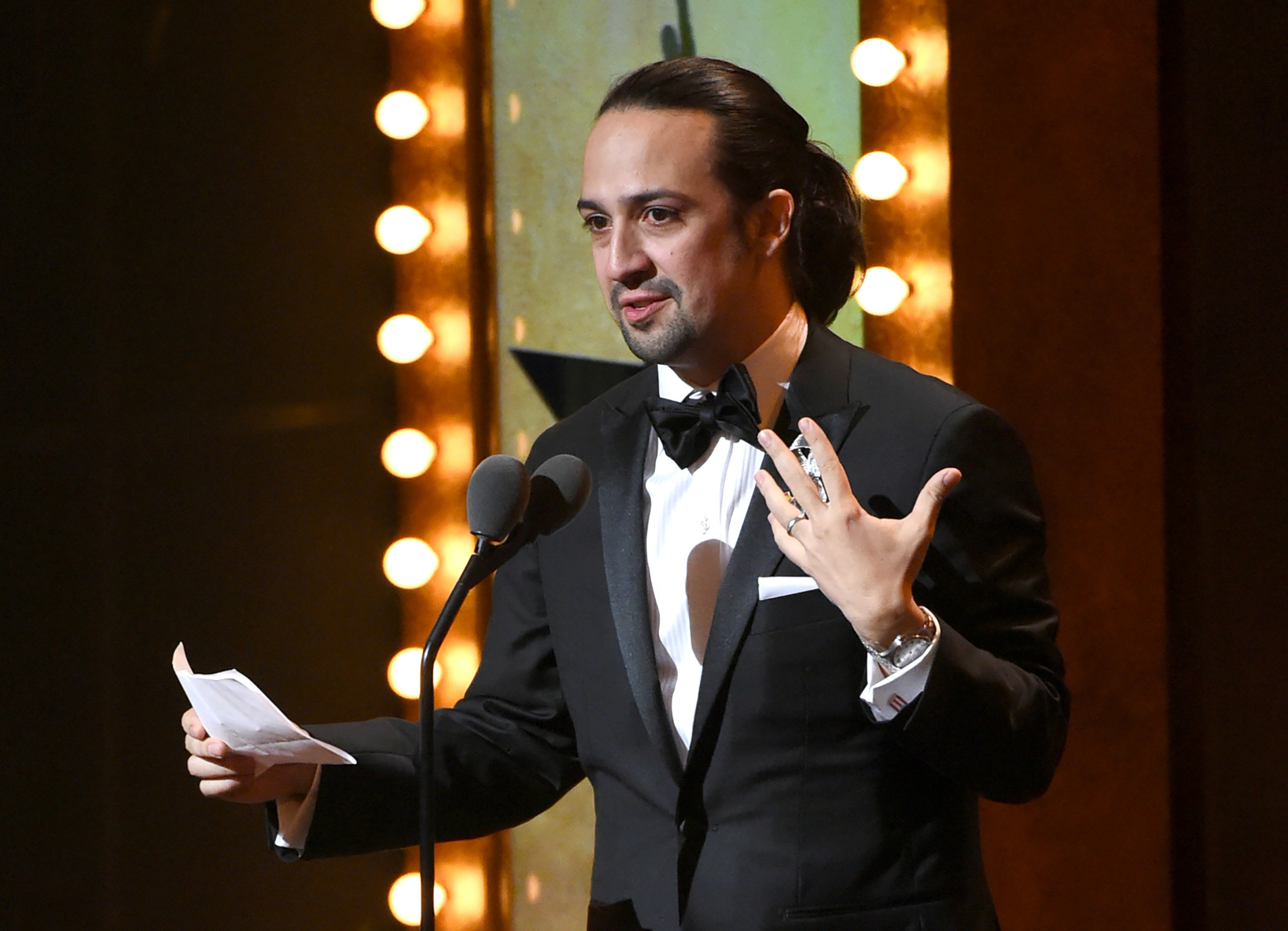 Lin-Manuel Miranda accepts the award for best original score for "Hamilton" at the Tony Awards at the Beacon Theatre on Sunday, June 12 in New York. (Evan Agostini / Invision / Associated Press)