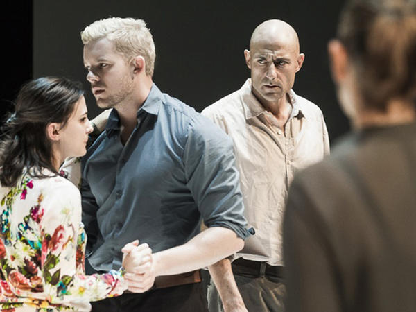 Phoebe Fox as Catherine, Russell Tovey as Rodolpho, Mark Strong as Eddie and Nicola Walker as Beatrice in "A View From the Bridge." (Jan Versweyveld)