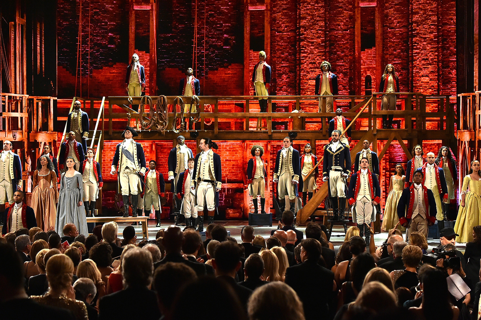 The cast of "Hamilton" performs onstage during the 70th Tony Awards at the Beacon Theatre on June 12 in New York City. (Theo Wargo / Getty Images for Tony Awards Productions)