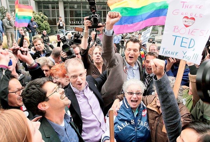 Opponents of Proposition 8 cheer after federal judge in San Francisco overturned California's same-sex marriage ban in 2010.