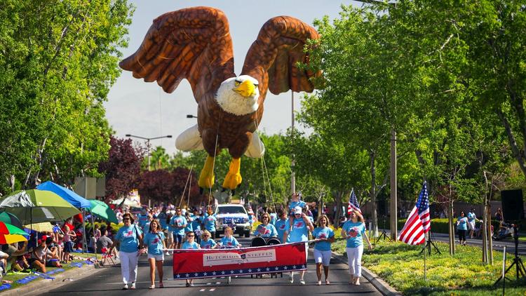 An oversized bald eagle soars along the parade route on a past Patriotic Parade in Summerlin, a suburban Las Vegas neighborhood.
