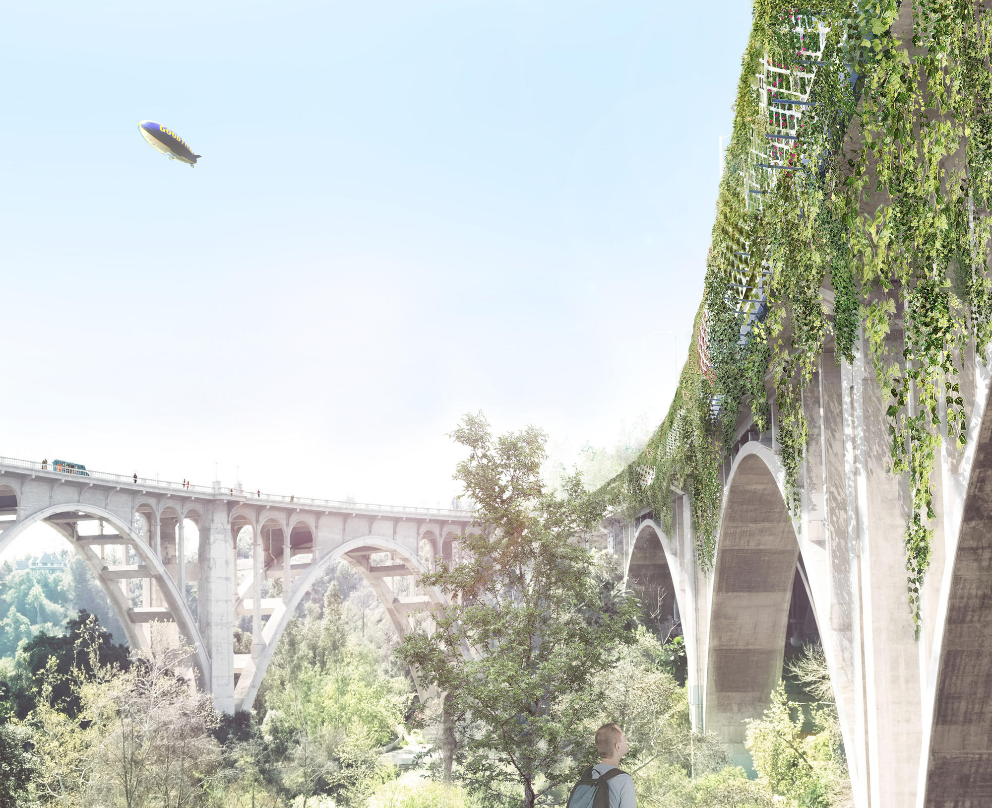 A rendering view from below of architect Michael Maltzan's plan to wrap the 134 Freeway as it crosses the Arroyo Seco in Pasadena with a tunnel-like form.