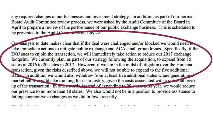 Not such a veiled threat? Aetna's Mark Bertolini tells the DOJ what will happen if it blocks the Humana merger. After the DOJ sued to kill the deal, Aetna cut back even more.