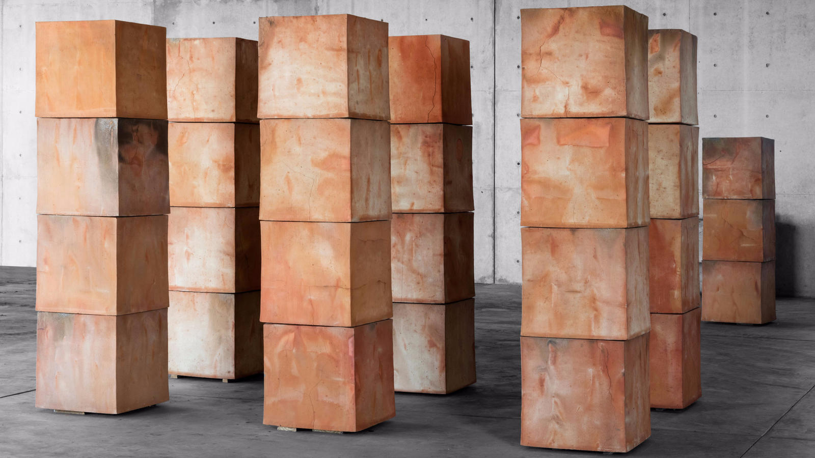 Untitled clay cubes by Bosco Sodi, on view as part of a pop-up exhibition in Los Angeles.