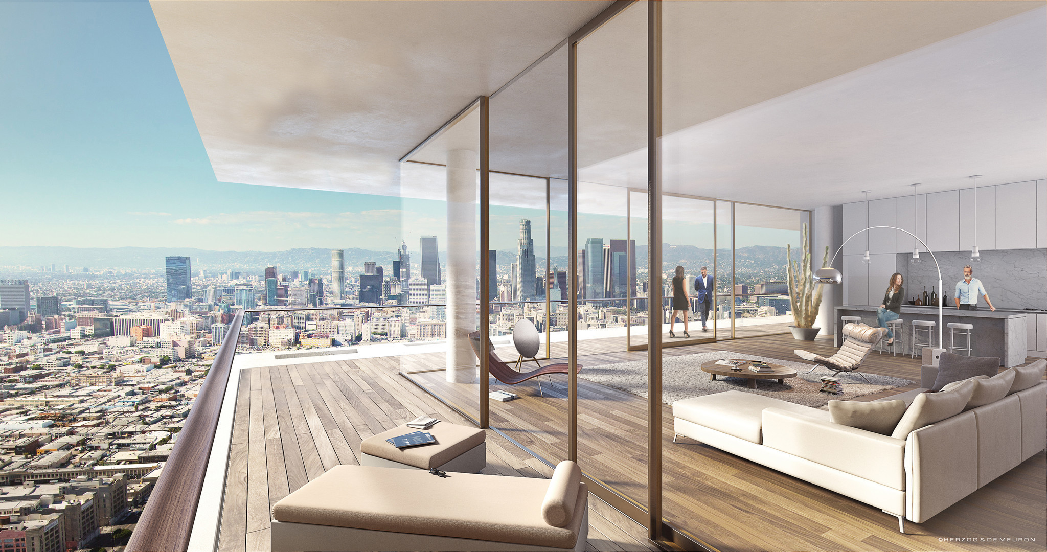 Rendering of the 6AM project with view pointed toward the downtown L.A. skyline.