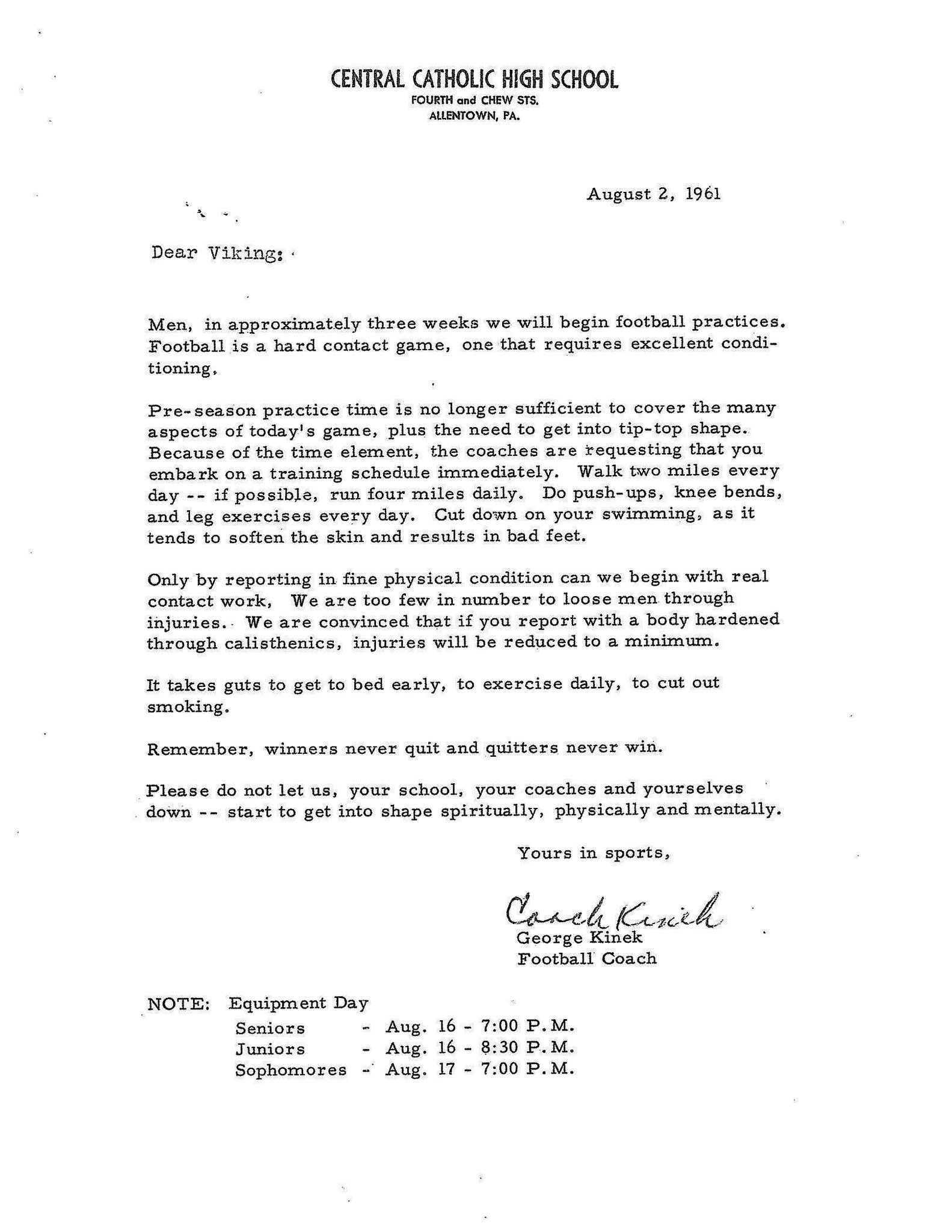1961 preseason letter from CCHS coach George Kinek to his ...