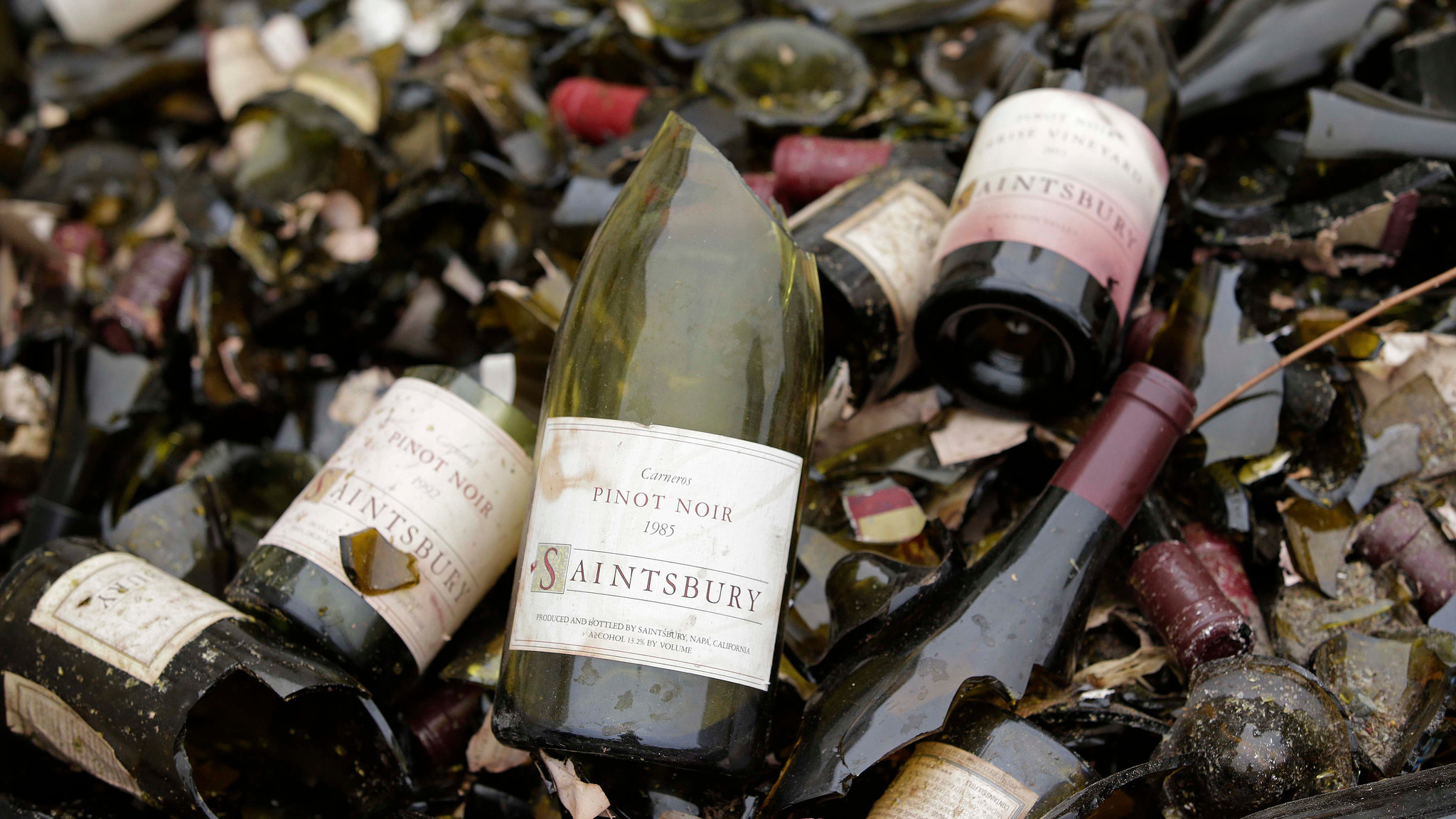 Vintage bottles from the wine library at Saintsbury winery in Napa, Calif., are tossed in a bin after an August 2014 temblor.
