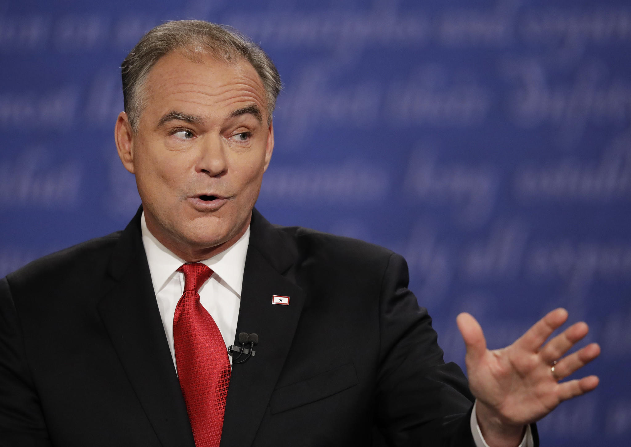 Democratic vice presidential nominee Tim Kaine defended running mate Hillary Clinton during the debate at Longwood University in Farmville, Va.