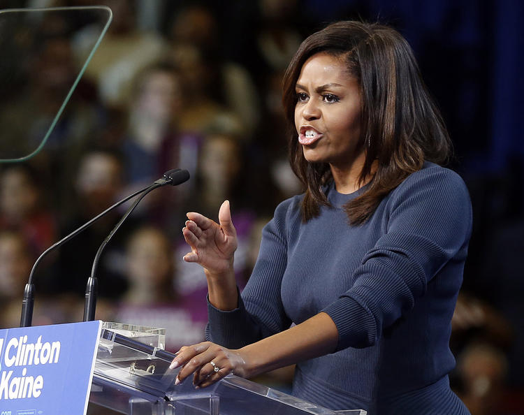 Michelle Obama speaking in New Hampshire last month.