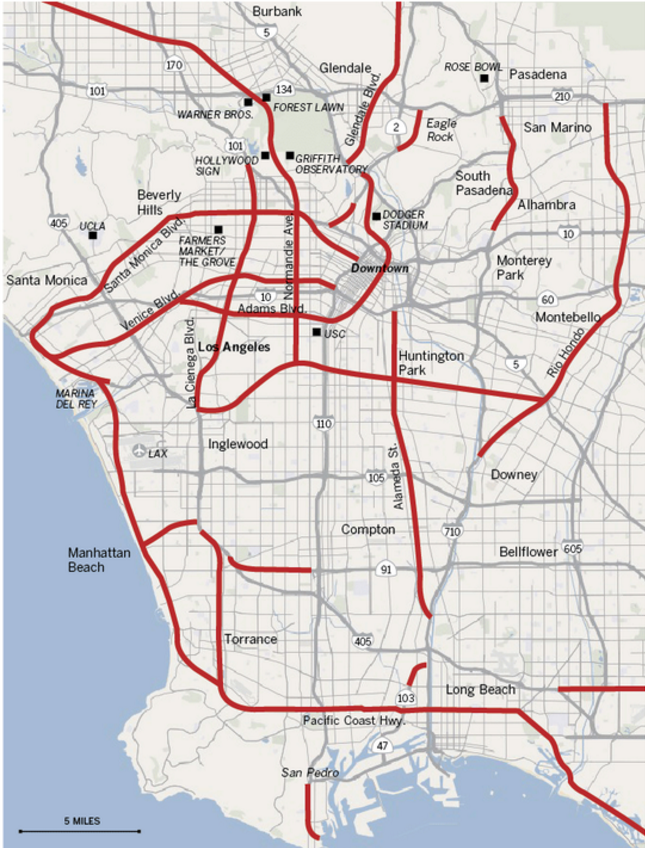 A map of some Los Angeles freeways that were never built.