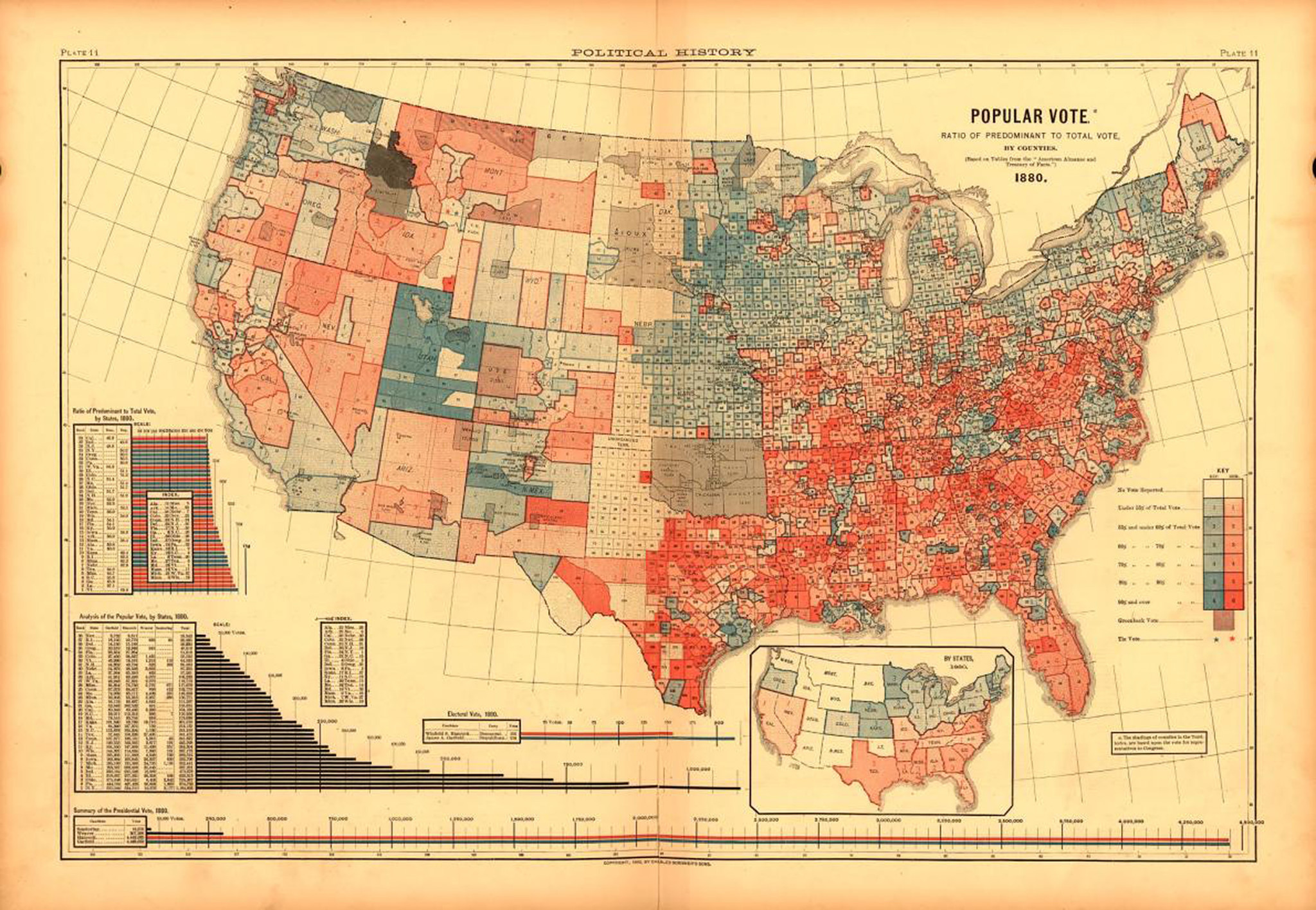 The popular vote of 1880's presidential election, as seen on the oldest-known U.S. electoral map. Published in 1883 by U.S. Census Bureau, red represented Democrats and blue was for Republicans.