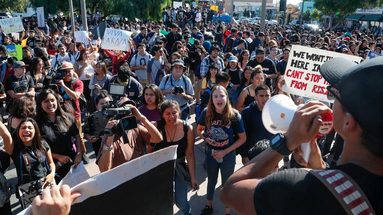 Hundreds of East Los Angeles and Boyle Heights high school students walked out of class Nov. 14 to protest the election of Donald Trump as president (Mark Boster / Los Angeles Times)
