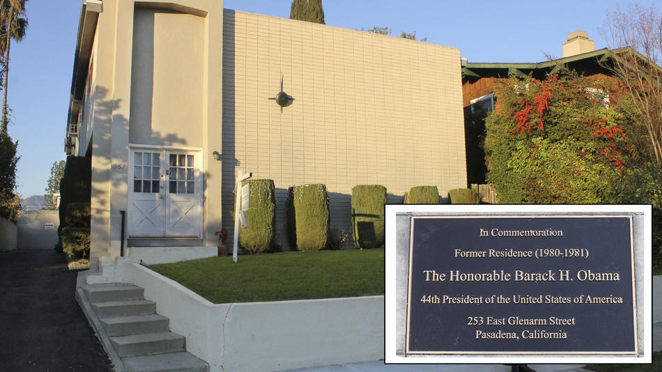 A photo illustration shows the Pasadena apartment building where Barack Obama lived and a commemorative plaque.