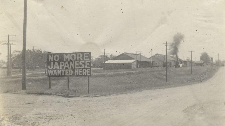 “No More Japanese Wanted Here,” a sign in Livingston, Calif., circa 1920, part of a historical exhibition at the Japanese American National Museum.