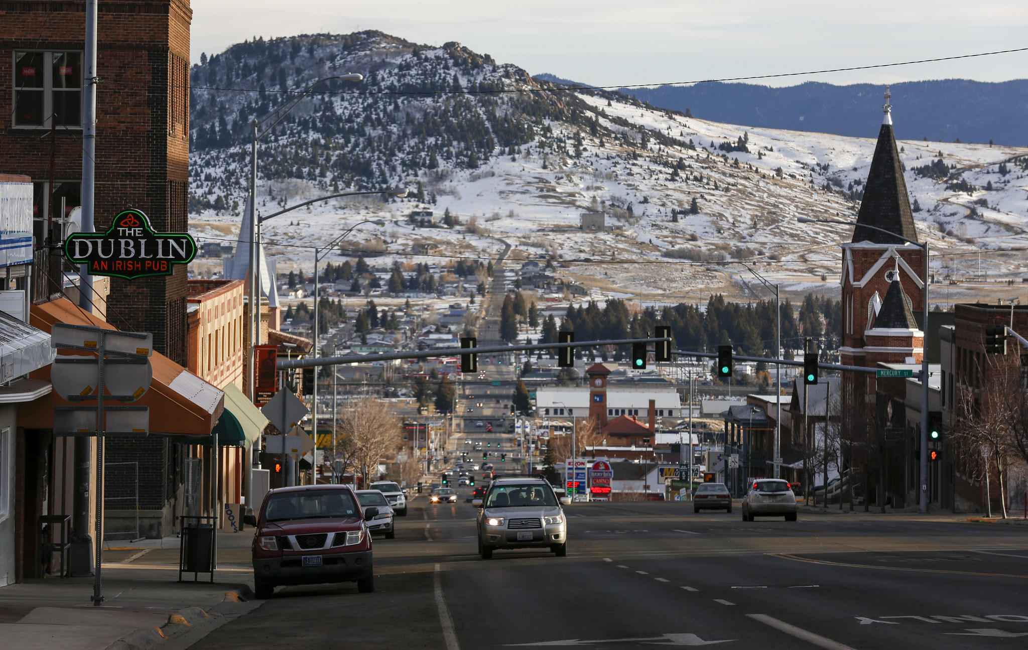 The view looking down Montana Street in Butte, Montana.