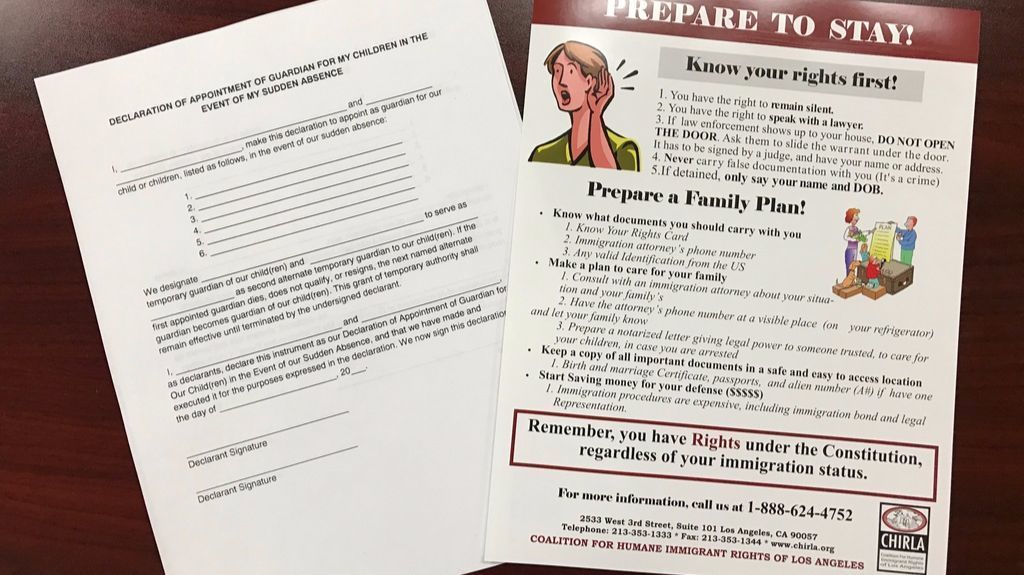 Guardian slips and information sheets distributed to Los Angeles-area immigrant families by aid organizations.