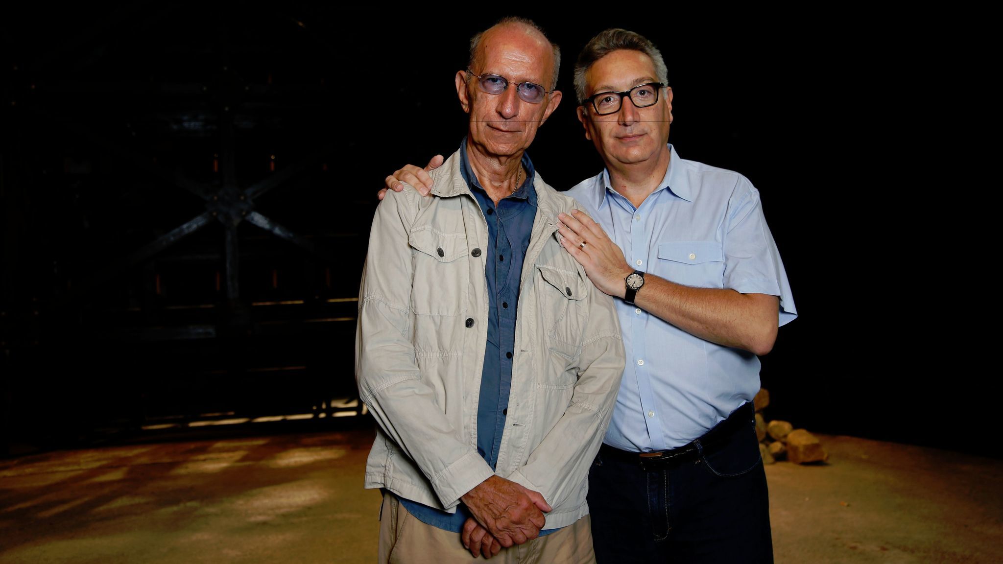 Playwright Martin Sherman, left, and director Moises Kaufman, of the play "Bent," on stage in the Mark Taper Forum theater.