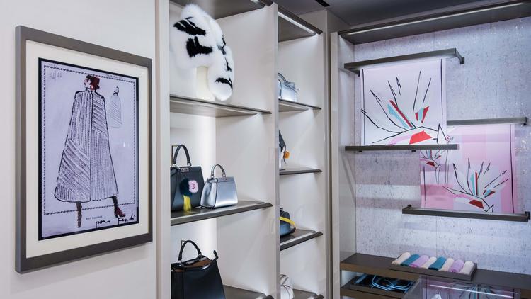 Sketches by Karl Lagerfeld decorate the walls throughout the Fendi boutique on Rodeo Drive.