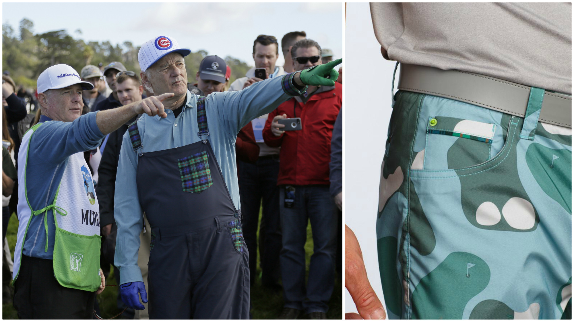 At left, Bill Murray wears a pair of custom overalls bearing a red, green and navy plaid pattern called the Murray family tartan. The pattern appears somewhere on every piece in the collection such as the edge of the ballmarker pocket of the Bunker Camo shorts, right.