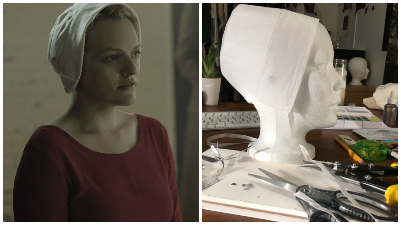 Elisabeth Moss wears the final version of the handmaid's caplet on the left vs. an early prototype on the right.