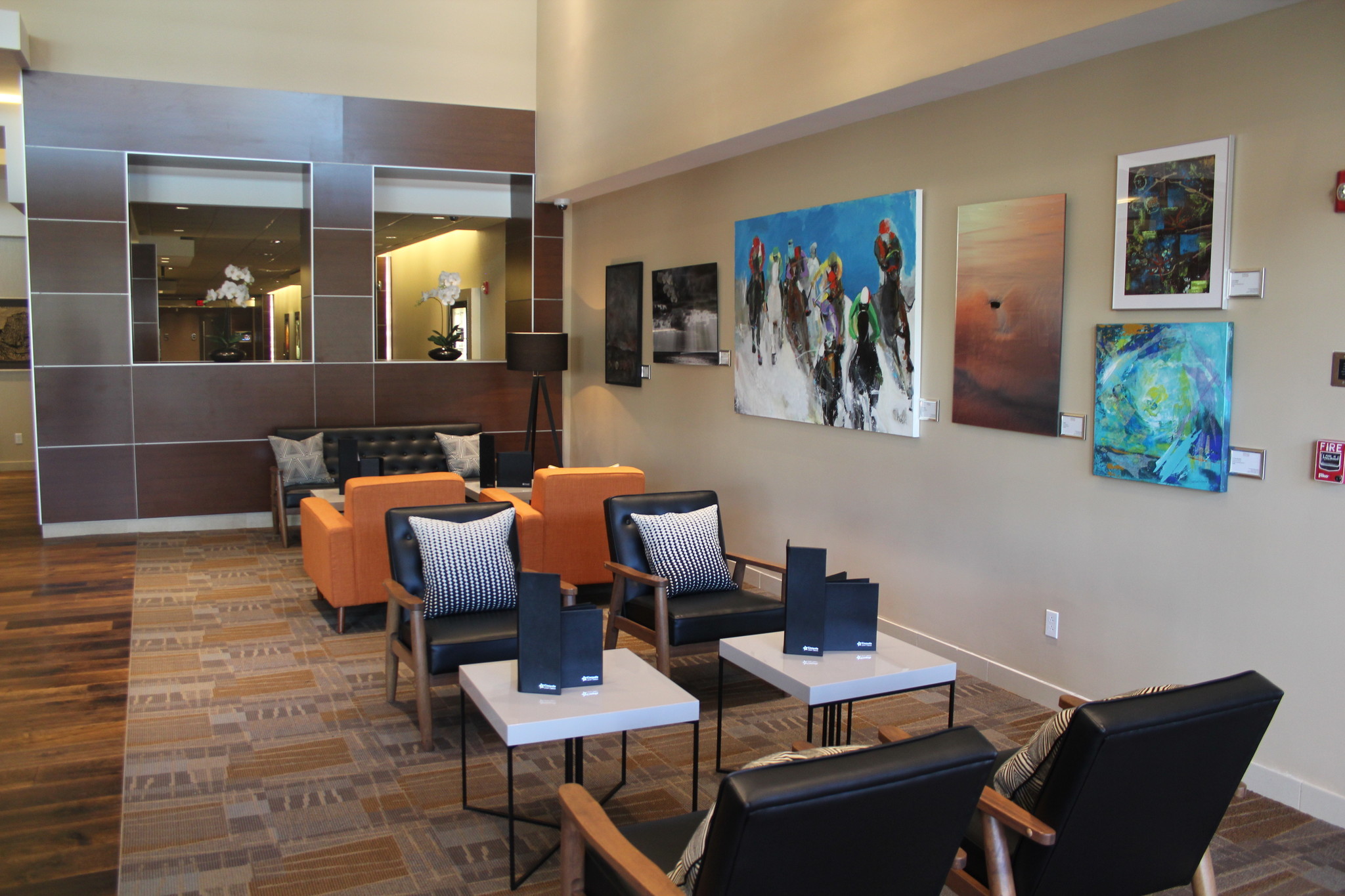 The expanded lobby in Cinepolis features artwork from Del Mar Art Center.
