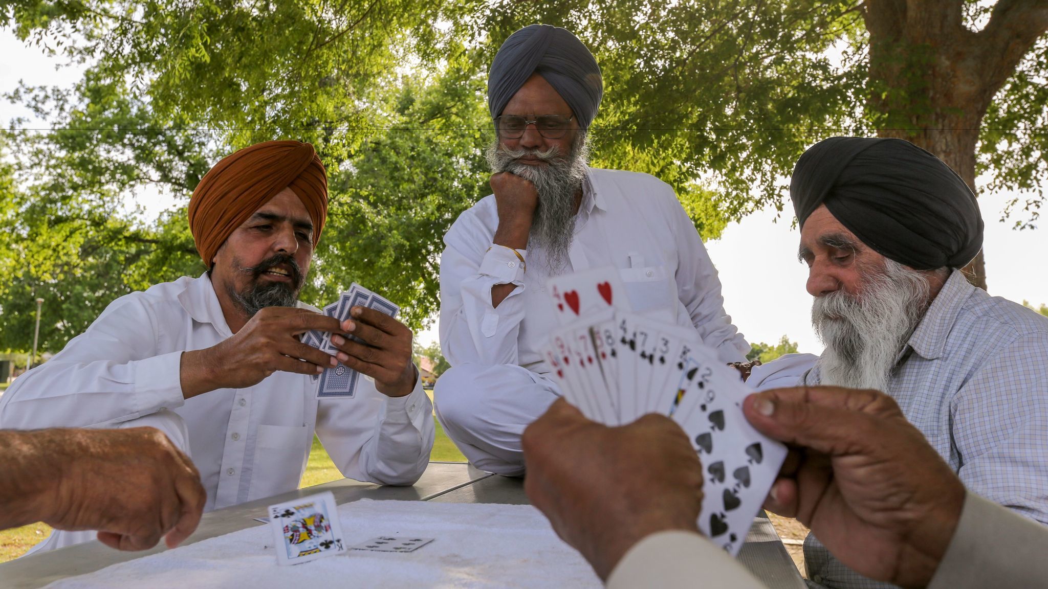 Sikh men play a card game in a neighborhood park in Bakersfield.