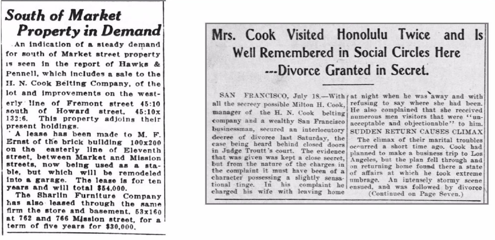 Reports detail news about the Cook family in the San Francisco Chronicle and Honolulu Advertiser in the late 19th and early 20th centuries.
